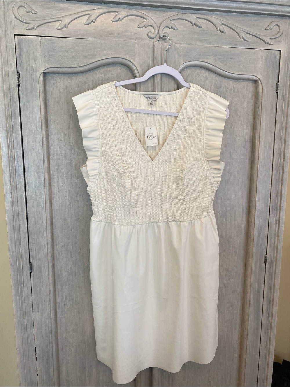 Cato Cream Smocked V-Neck Flutter Sleeve Dress